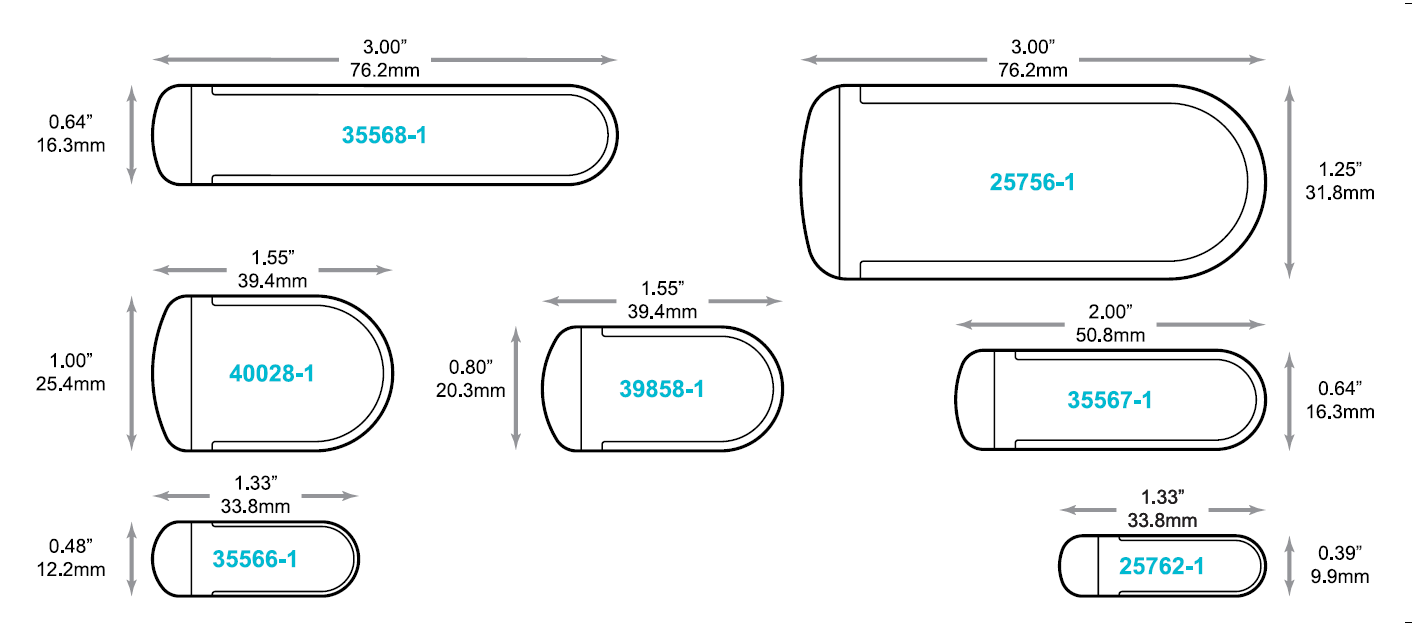 Available Pretect tip protector sizes and dimensions